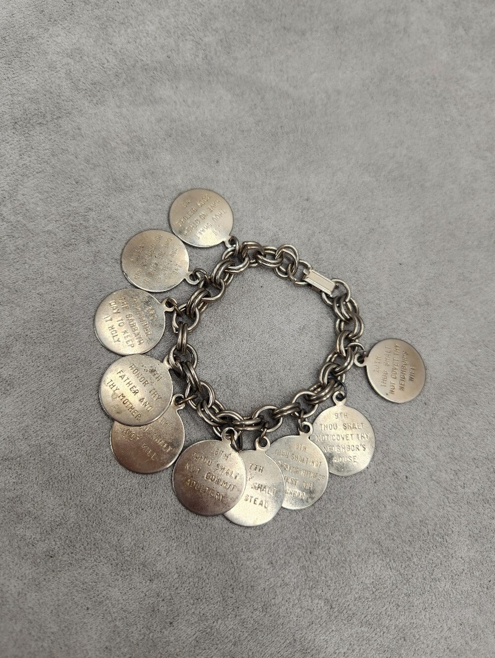 Vintage 70s Chain Bracelet Silver Tone Religious 10 Thou Shalt Commandments